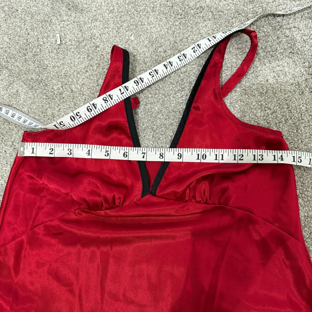 Red Satin V-Neck Slip Dress Midi Chemise Old Hollywood Glamor Boudoir Lingerie - Picture 6 of 6